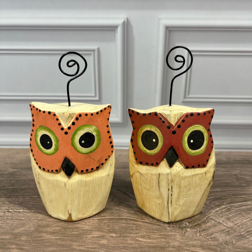 Owl Photo Holder Multi Color Carved Wood Whimsical Folk Art Rustic‎ Set of 2